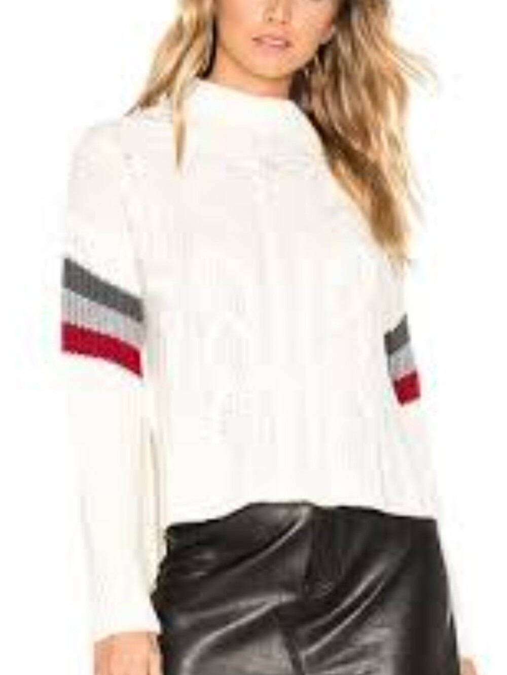 Heartloom Eryn Ivory Cable Mock Neck Sweater with Gray & Red Sleeve Stripes